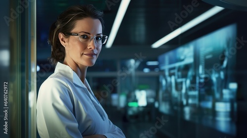 Portrait of confident female scientist looking at camera while standing in laboratory. Generative ai