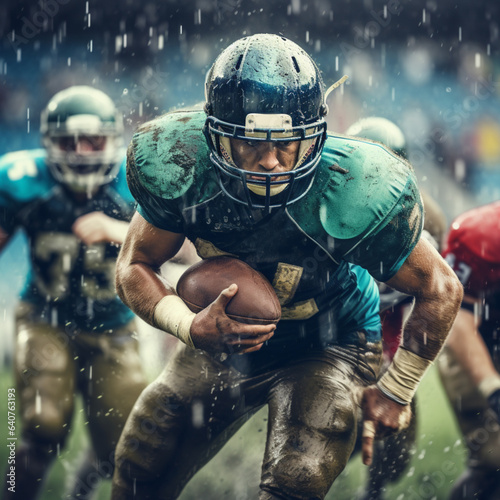 American football players in dynamic action is running with ball at stadium under rain, sport arena, movement, achievements, leadership, Sports emotions