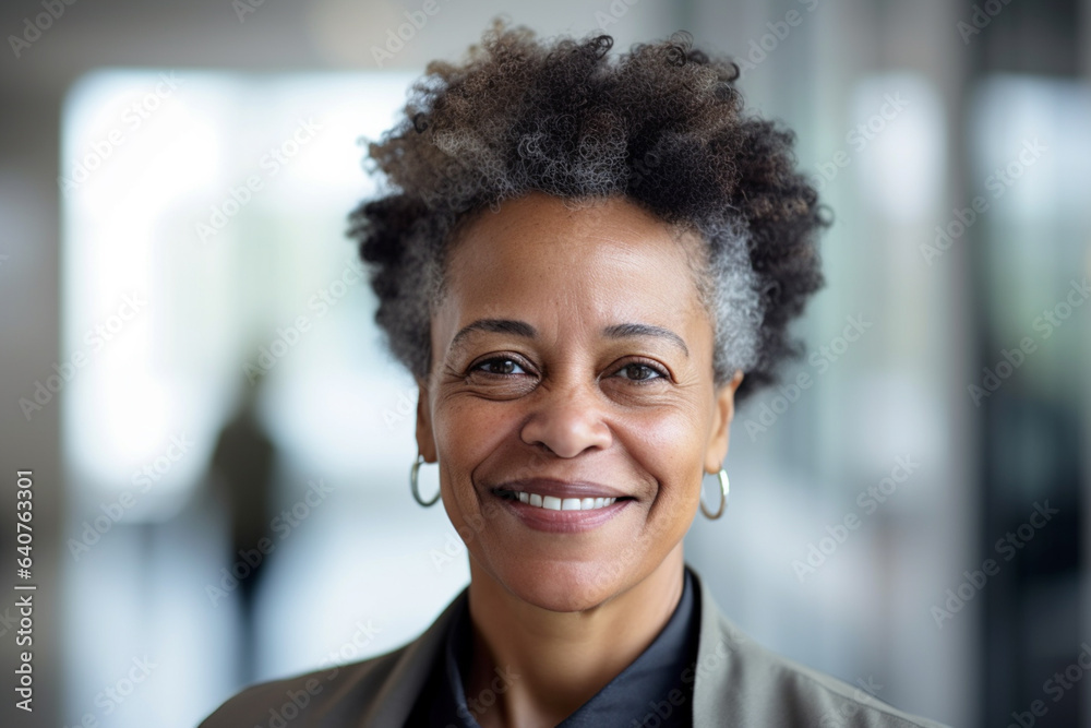 Happy elderly dark-skinned business woman with gray hair smiling in the office. Happy elderly dark-skinned business woman with gray hair smiling in the office.
