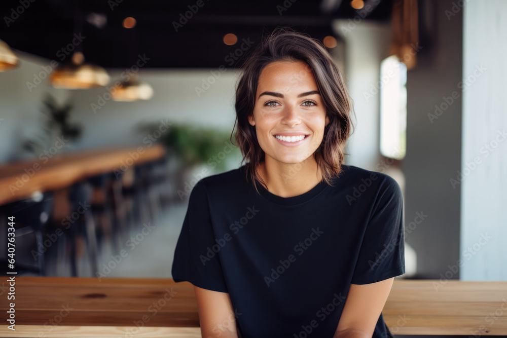 Smiling young woman in a black t-shirt