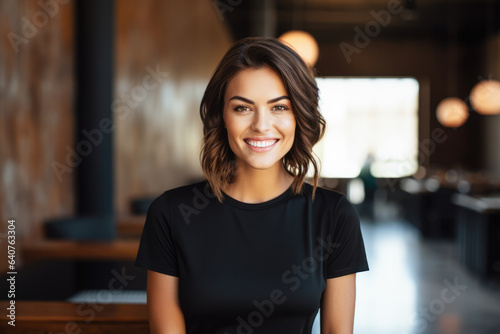 Smiling young woman in a black t-shirt Free Download Smiling young woman in a black t-shirt - GFXLoad