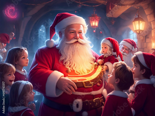 Santa claus in a group of children performing christmas magic, celebration, new year party for postcard, greeting card, background.