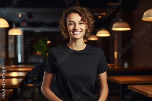 Smiling young woman in a black t-shirt