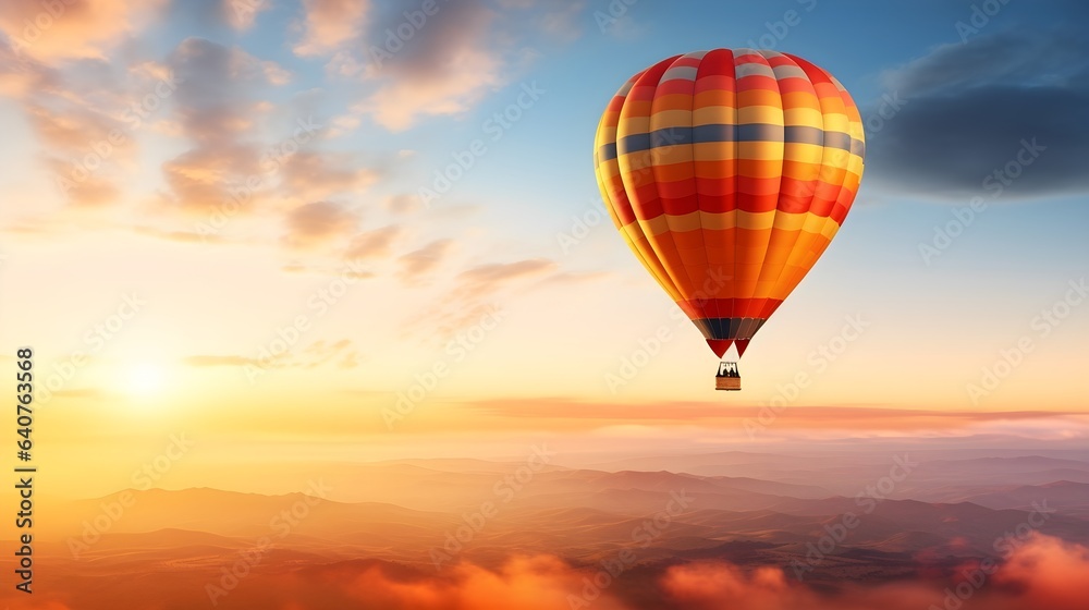 Romantische Reise: Ein Heißluftballon schwebt in der Abenddämmerung Romantische Reise: Ein Heißluftballon schwebt in der Abenddämmerung