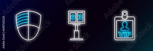 Set line VIP badge, Football club logo template and Sport football mechanical scoreboard and result display icon. Glowing neon. Vector