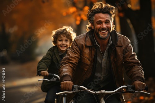 Happy father and son riding bicycle in autumn forest. They are smiling and looking at camera. generative AI © matteo