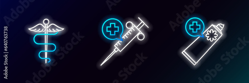 Set line Ointment cream tube medicine, Caduceus snake medical symbol and Medical syringe with needle icon. Glowing neon. Vector