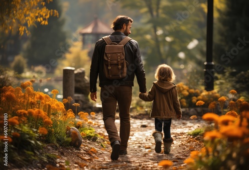 Back view of father and daughter walking in autumn park with fallen orange leaves. generative AI