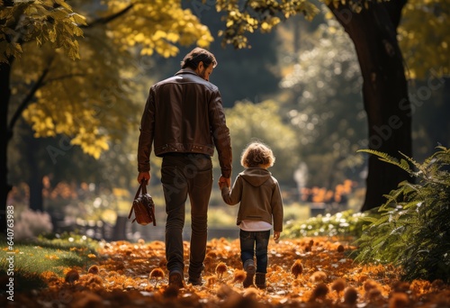 Back view of father and daughter walking in autumn park with fallen orange leaves. generative AI