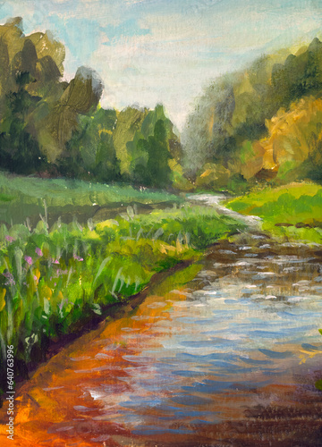 Acrylic painting River and bushes along the banks. Illustration of nature sunny summer landscape with river