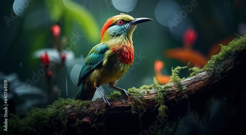 close-up of atropical wild bird in the forest, tropical wild bird, wild bird in the forest, bird sitting on the tree © Gegham