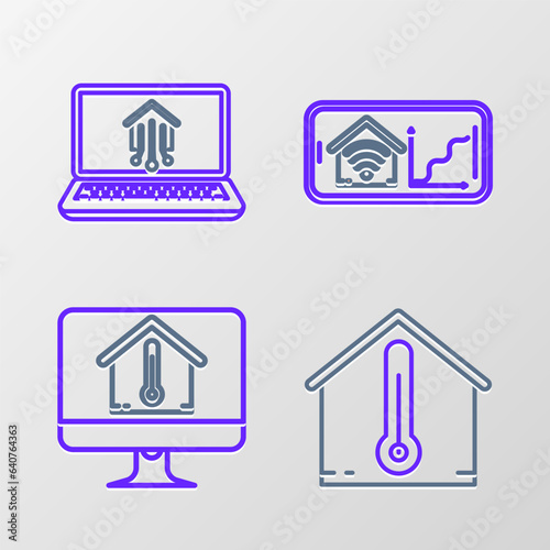 Wallpaper Mural Set line House temperature, Computer monitor with house, Mobile phone smart home wi-fi and Laptop icon. Vector Torontodigital.ca
