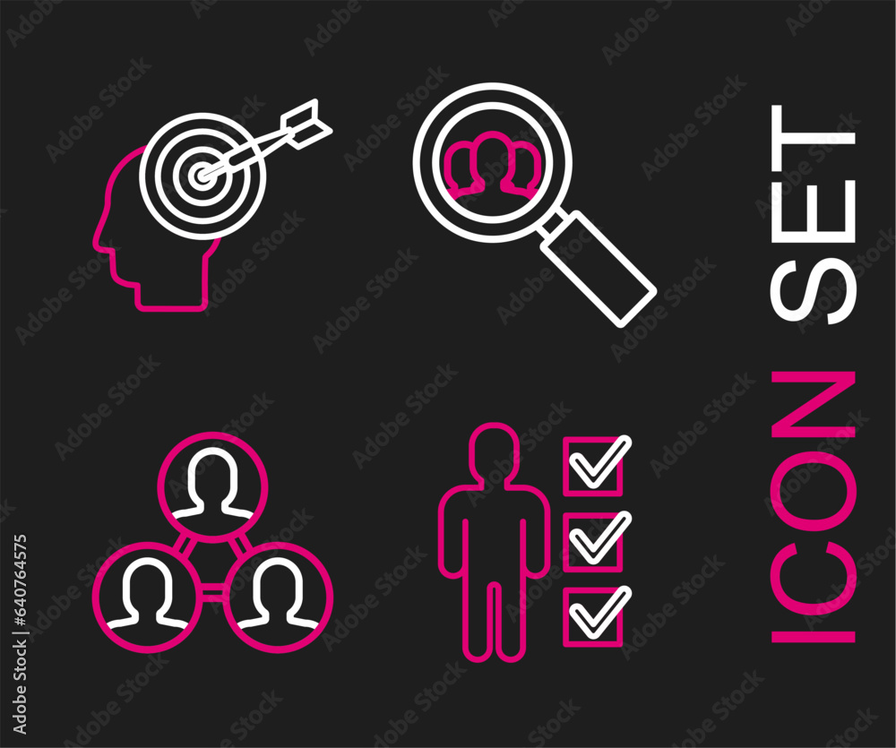 Set line User of man in business suit, Project team base, Magnifying glass for search people and Head hunting concept icon. Vector Set line User of man in business suit, Project team base, Magnifying glass for search people and Head hunting concept icon. Vector