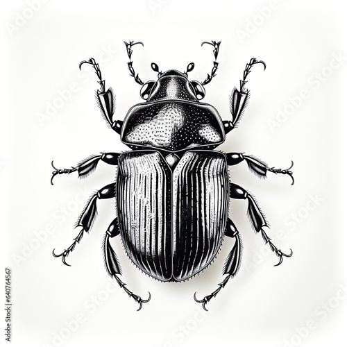 Antique woodcut engraving of a black beetle. dark academia vintage victorian style, monochrome linocut engraving line art black on white background. GENERATIVE AI  © matteo