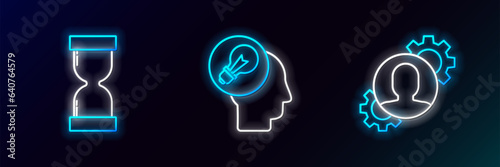 Set line Human with gear inside, Old hourglass flowing sand and head lamp bulb icon. Glowing neon. Vector