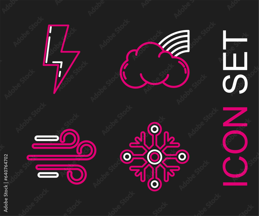 Fototapeta premium Set line Snowflake, Wind, Rainbow with clouds and Lightning bolt icon. Vector