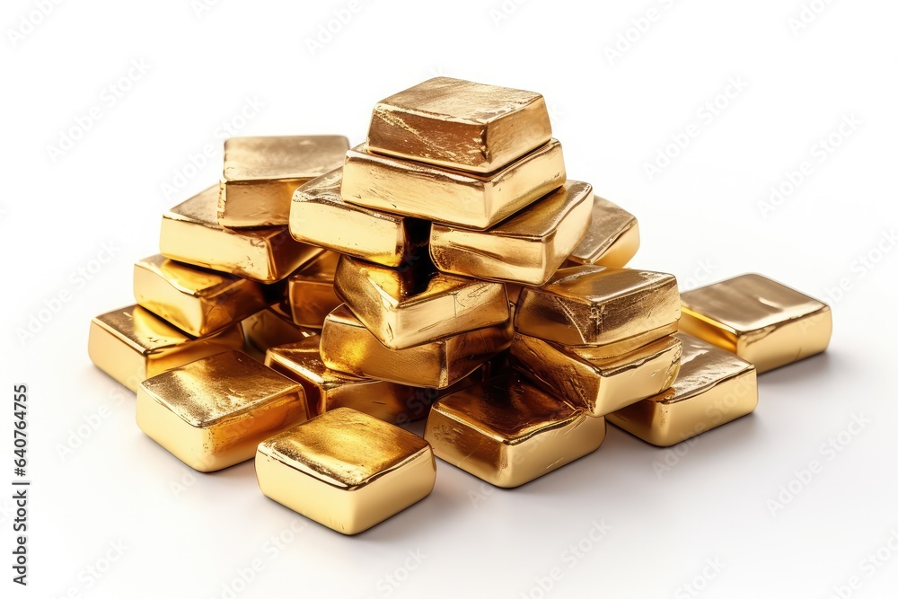 Stack of gold bars isolated on white background, full depth of field. generative AI