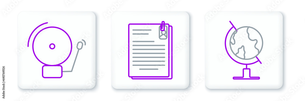 Set line Earth globe, Ringing alarm bell and File document and paper clip icon. Vector Set line Earth globe, Ringing alarm bell and File document and paper clip icon. Vector