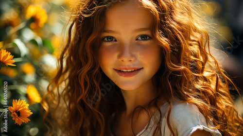 Radiant young girl with red hair and freckles, smiling warmly amidst a sunlit field of sunflowers. Epitome of natural beauty, innocence & serenity. photo