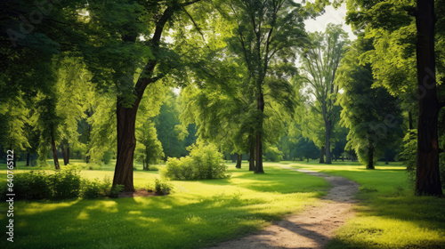 Beautiful summer landscape with green foliage in the park