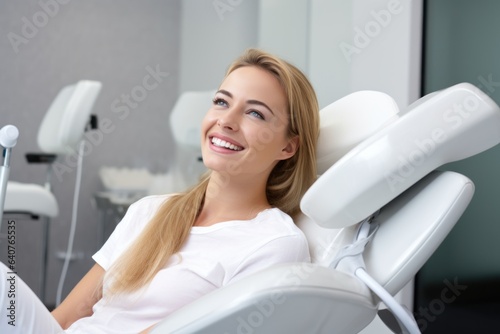 pretty young woman sitting in dental chair at medical center