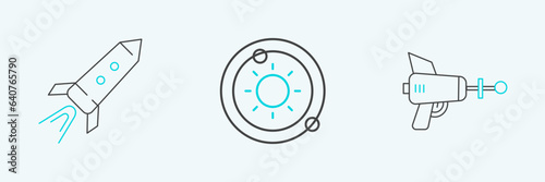 Set line Ray gun, Rocket ship with fire and Solar system icon. Vector