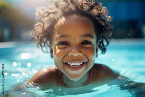 Portrait of happy girl smiling at camera having fun swimming pool spending summer holiday aqua park center made with generative AI © deagreez