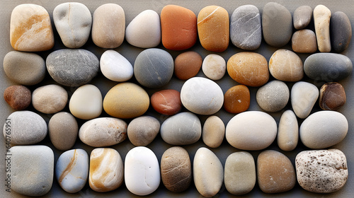 Stones of various sizes, colors and shapes on a gray, gracefully create a soothing stone background. A zen-like ambiance. The minimalistic arrangement fosters feelings of calmness and relaxation