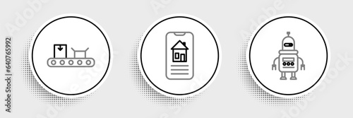 Set line Robot, Conveyor belt with cardboard box and Smart home icon. Vector