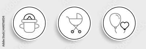 Set line Balloons in form of heart, Baby bottle and stroller icon. Vector