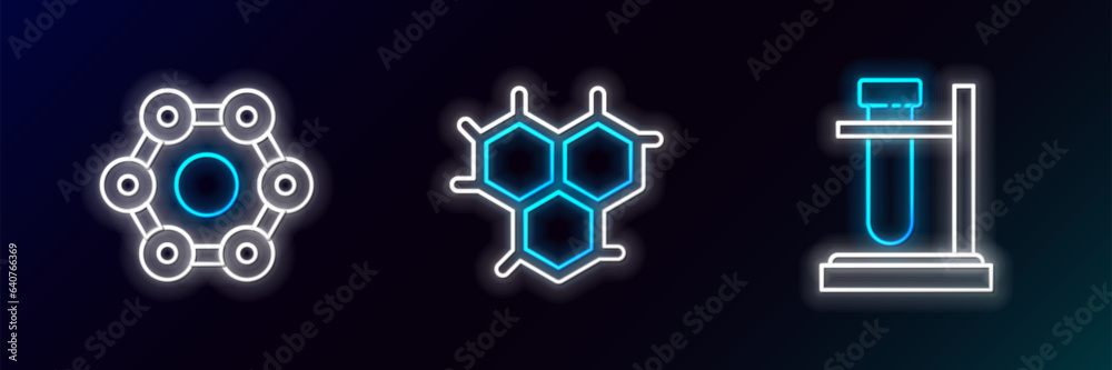 Set line Test tube flask on stand, Chemical formula and icon. Glowing neon. Vector