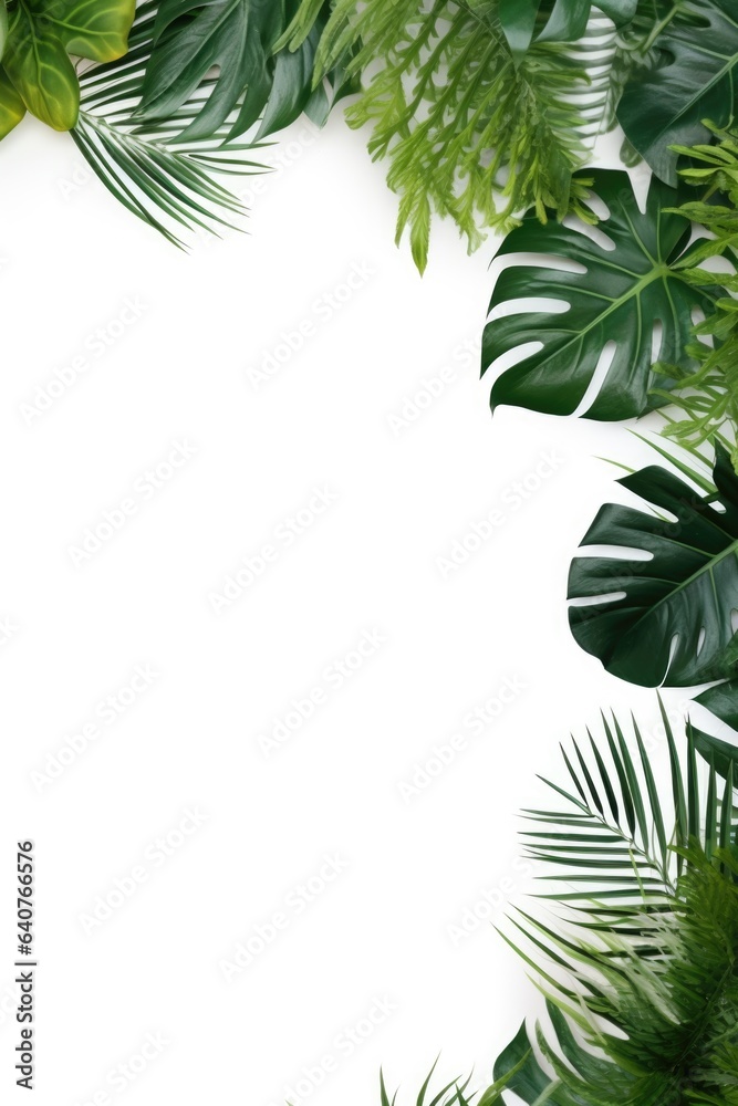 A frame made of tropical leaves on a white background. Digital image.