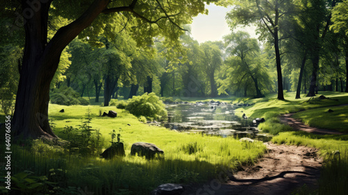 Beautiful summer landscape with green foliage in the park