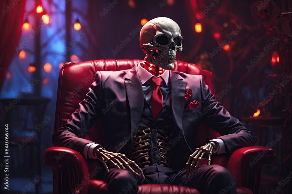 Portrait of a skeleton wearing jacket with tie - obrazy, fototapety, plakaty 