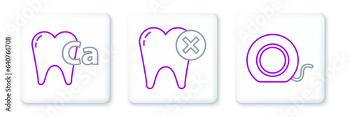 Set line Dental floss, Calcium for tooth and Tooth with caries icon. Vector