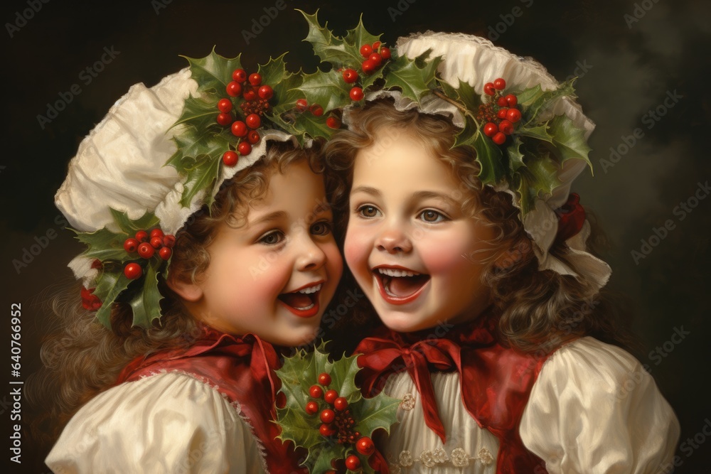 Two little girls wearing christmas hats and holly wreaths. Digital image.