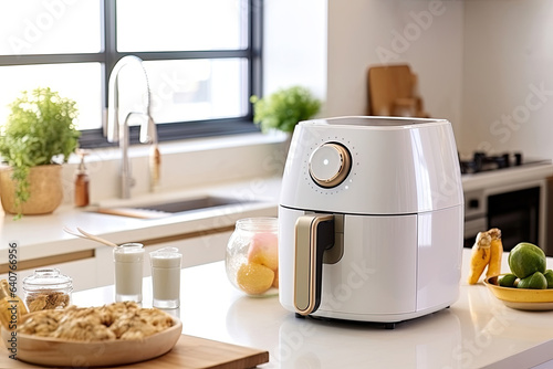 air fryer appliance is on white marble table in nice interior design kitchen dinning room of house. Generative Ai