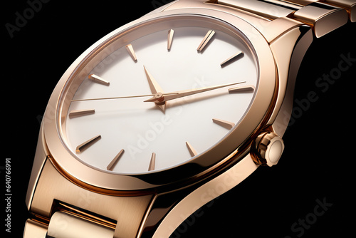 Beautiful luxury fashion gold watch with a white dial on a dark background, close-up view. Advertising for watch shops.generative ai
