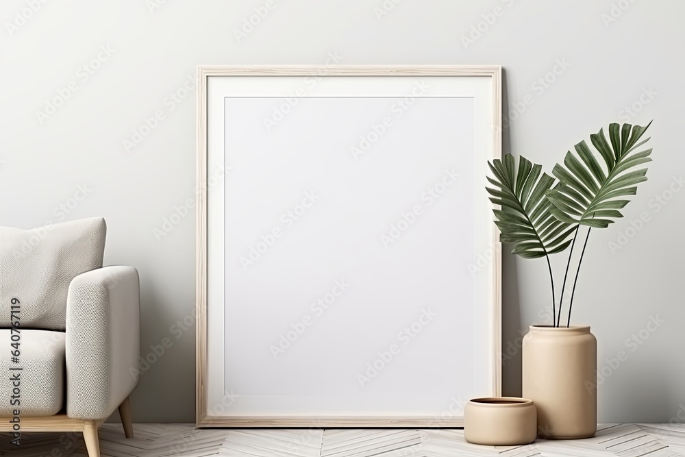 Blank horizontal poster frame mock up in minimal white style living room interior, modern living room interior background, Generative AI