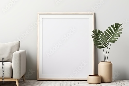 Blank horizontal poster frame mock up in minimal white style living room interior, modern living room interior background, Generative AI photo