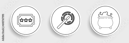 Set line Witch cauldron, Ticket and Magic wand icon. Vector