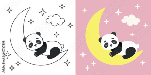 Sleeping cute panda childish poster and coloring page. Animal character design. Vector illustration for coloring book