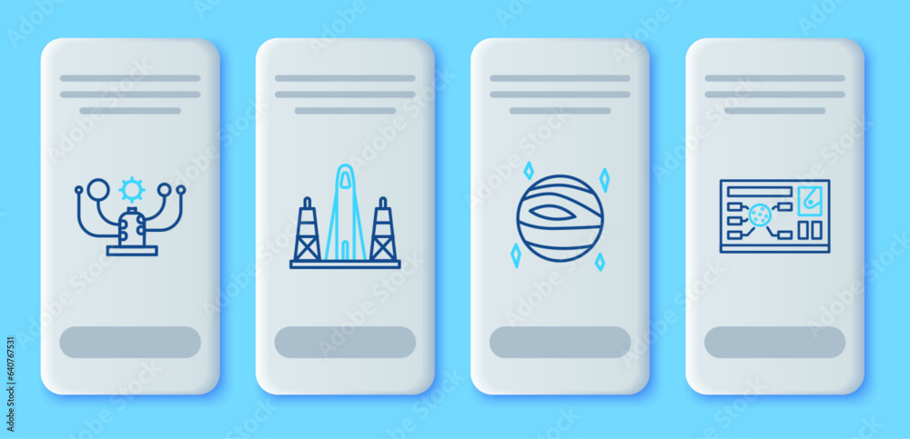 Set line Rocket launch from the spaceport, Planet Venus, Solar system and Futuristic hud interface icon. Vector