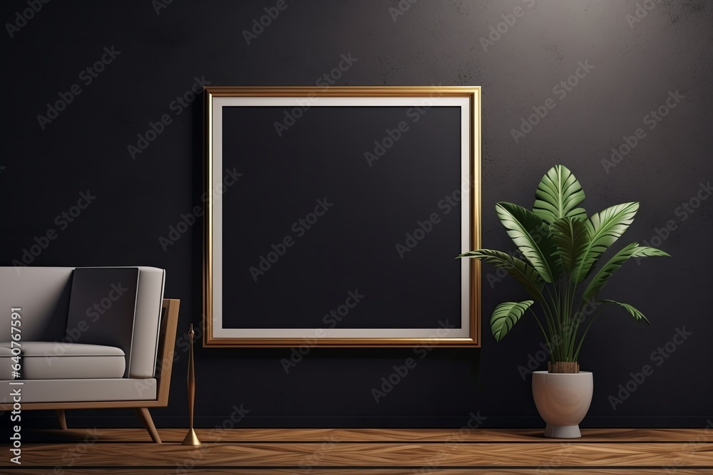 Blank horizontal poster frame mock up in minimal Dark style living room interior, modern living room interior background, Generative AI - obrazy, fototapety, plakaty 
