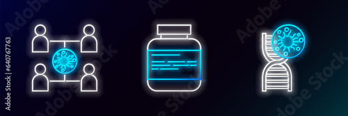 Set line DNA symbol and virus, Virus spread and Medicine bottle pills icon. Glowing neon. Vector