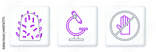 Set line No handshake, Rabies virus and Microscope icon. Vector