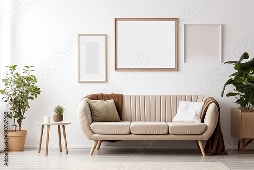 Blank horizontal poster frame mock up in minimal Scandinavian white style living room interior, modern living room interior background, Generative AI