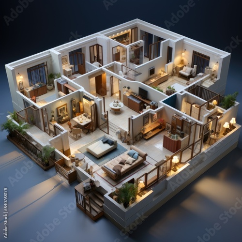 A model of a house with a lot of furniture. Digital image.