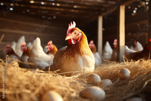 A hen sitting on eggs in a barn or chicken coop.generative ai 