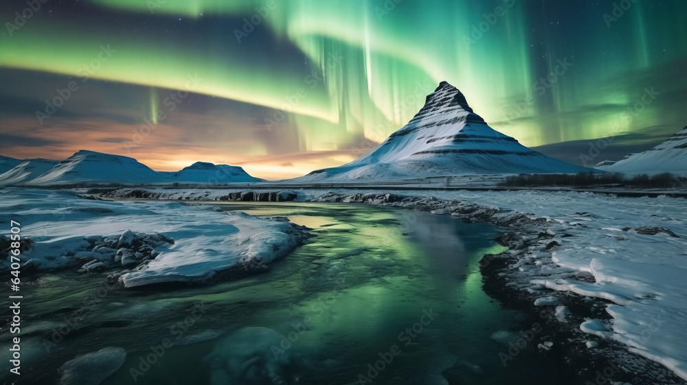 Naklejka premium photo of The mesmerizing aurora borealis in Iceland.diploma, two people, graduation, young adult, pride, certificate, looking at camera, retirement, campus, one person, university, confidence, achieve